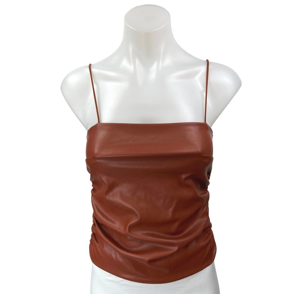 Superdown Stevie Brown Faux Vegan Leather Sleeveless Ruched Camisole Cami Top XS